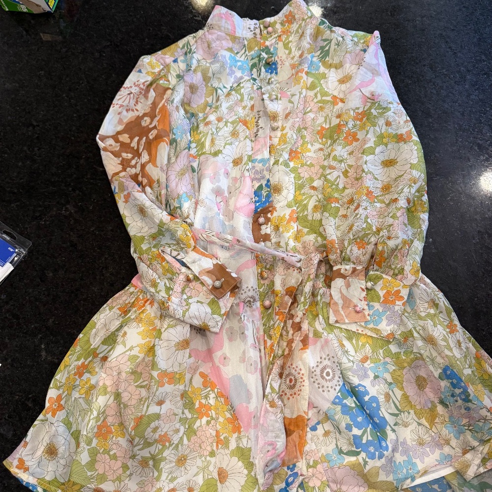 Mazik small women floral dress lined longsleeve drop waist belt mid length